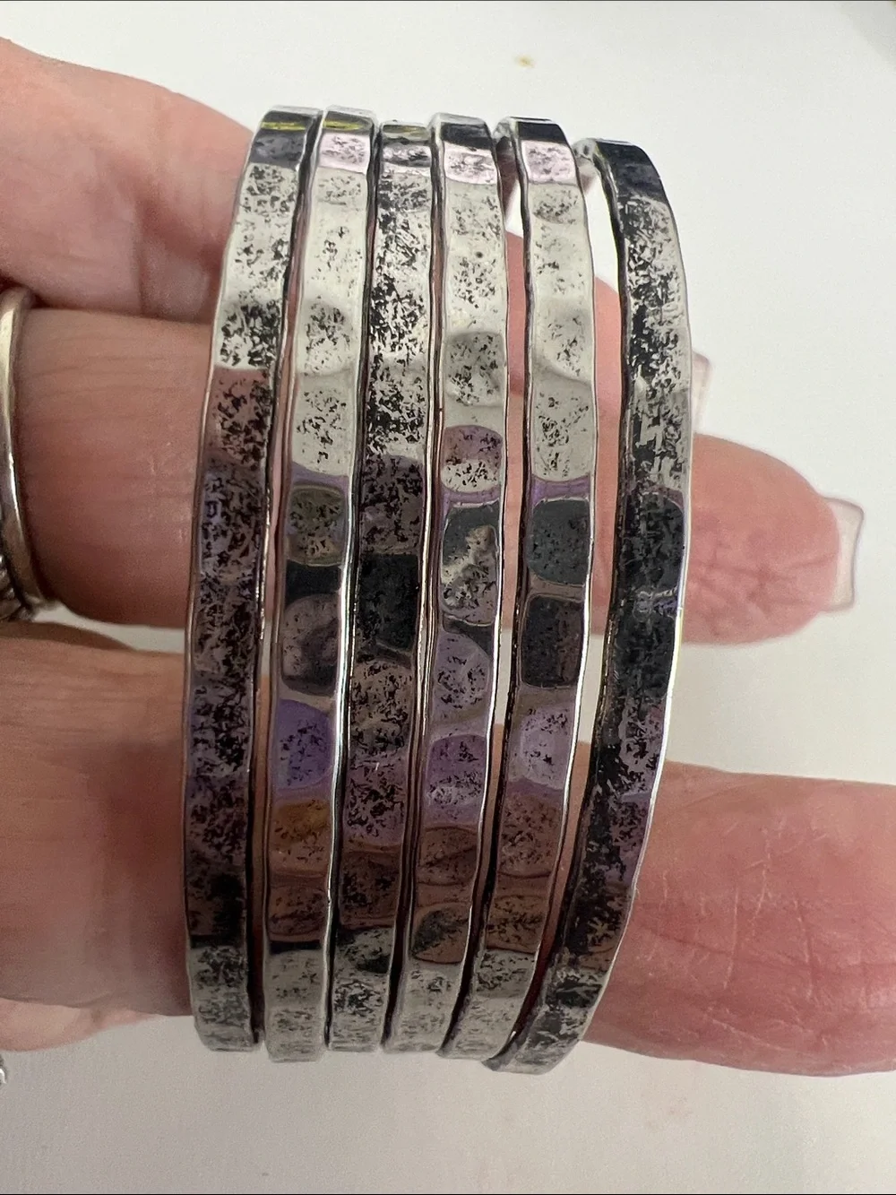 Silver Tone Hammered Multi-Bangle Bracelet Set